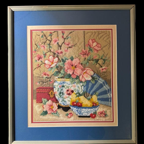 Vintage Needlepoint  Cherry Blossom Framed Picture 19”x21” Fruits Flowers 60s - Picture 2 of 14
